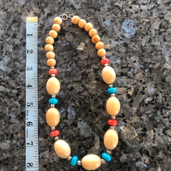 Natural Wood, Turquoise & Red Beaded Necklace - Picture 7 of 7